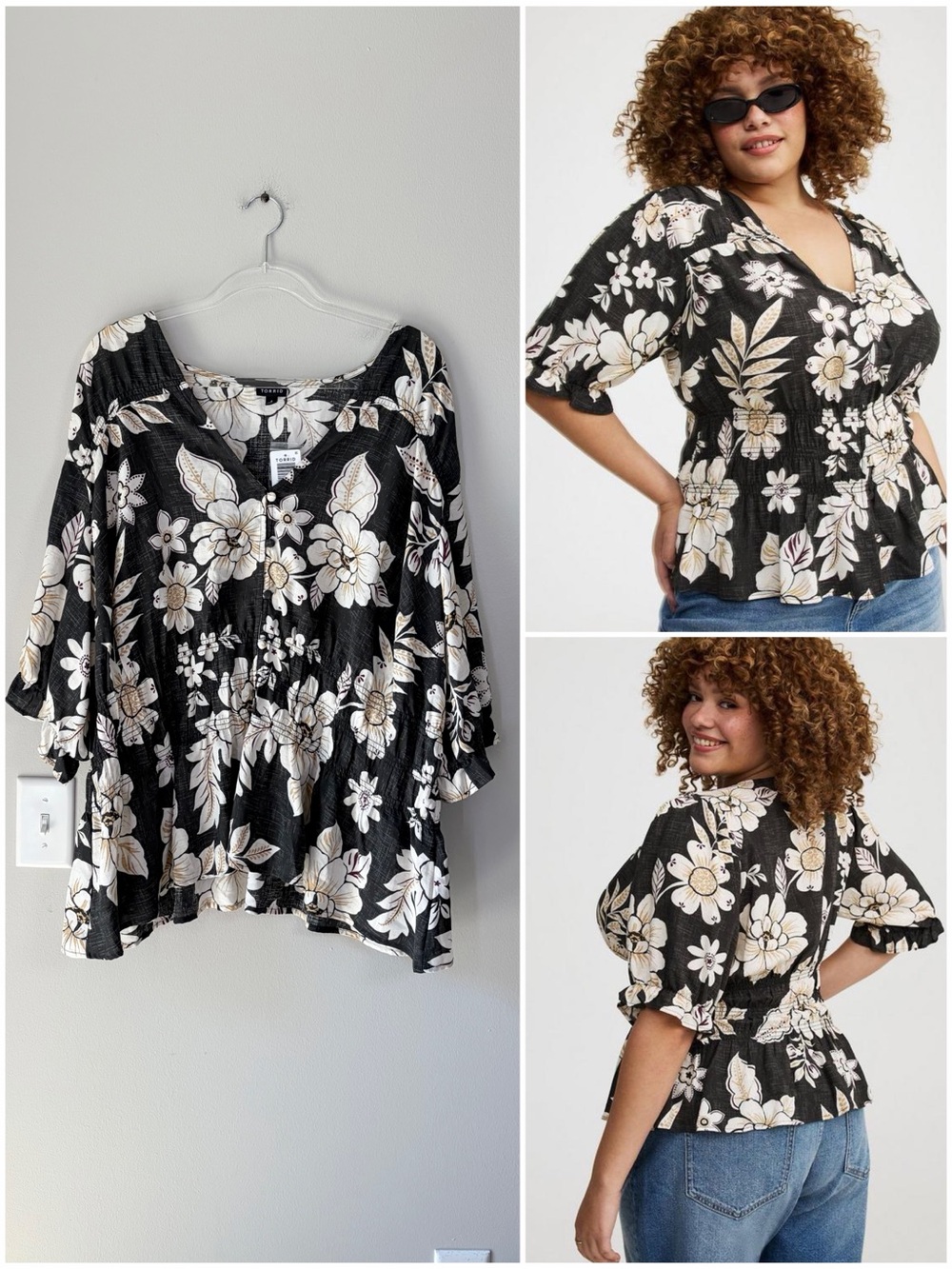 Torrid Peplum V-Neck Puff Sleeve Top in Carissa Floral Periscope